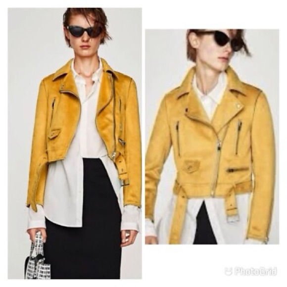 Zara Mustard Yellow Faux Leather Biker Jacket Womens L Indie Rocker Grunge Outer - Picture 4 of 16